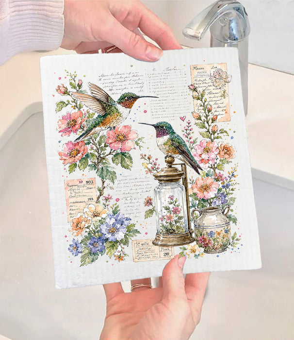 Vintage Flowers Hummingbirds Swedish Dishcloth