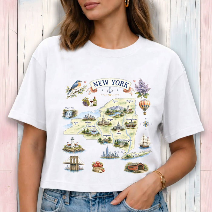 New York State Map Landmark Cropped T-Shirt