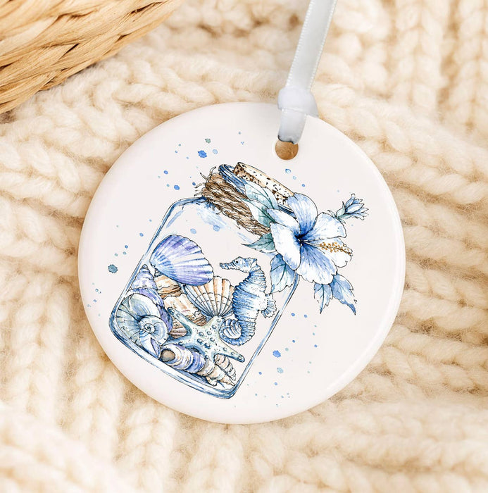 Coastal Blue Sea Shells in a Jar Ornament