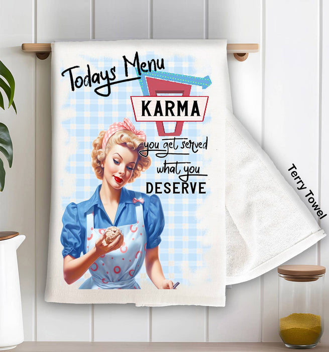 Retro Funny Karma Served Kitchen Terry Towel