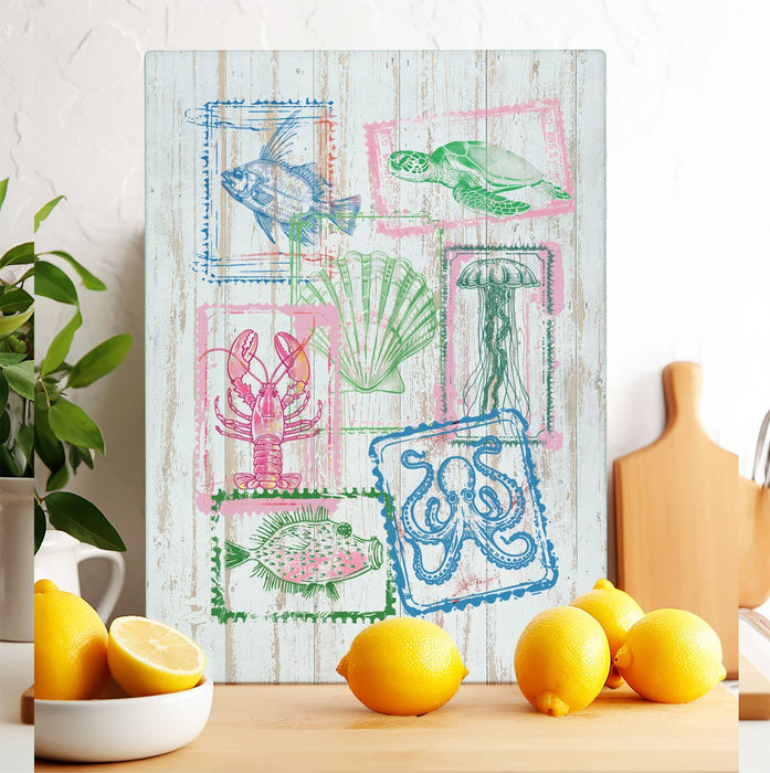 Coastal Beach Collage of Stamps Glass Cutting Board Trivet