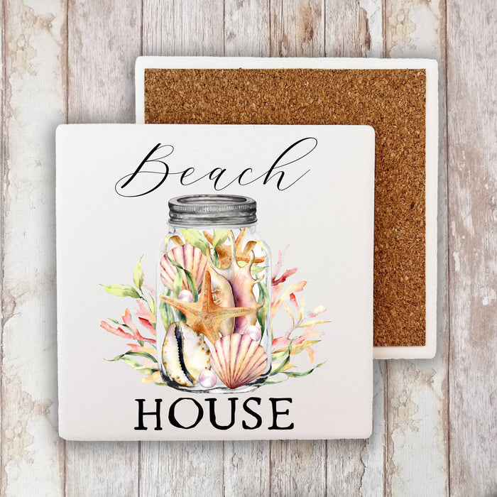 Beach House Mason Jar Sea Shells Stone Coaster