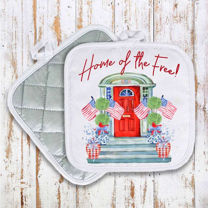 Patriotic Red Door Home of the Free Pot Holder Oven Mitt