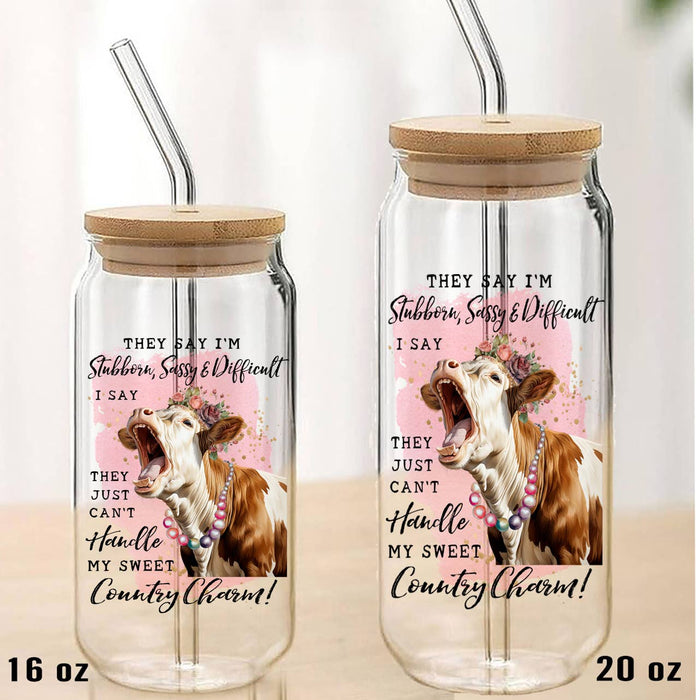 Stubborn, Sassy Country Charm Cow Can Glass with Lid Straw