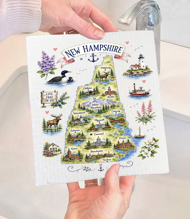 New Hampshire State Map Landmark Swedish Dishcloth
