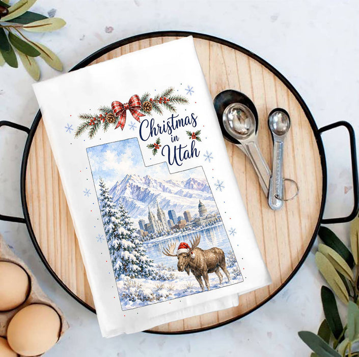 Christmas in Utah State Map Tea Towel