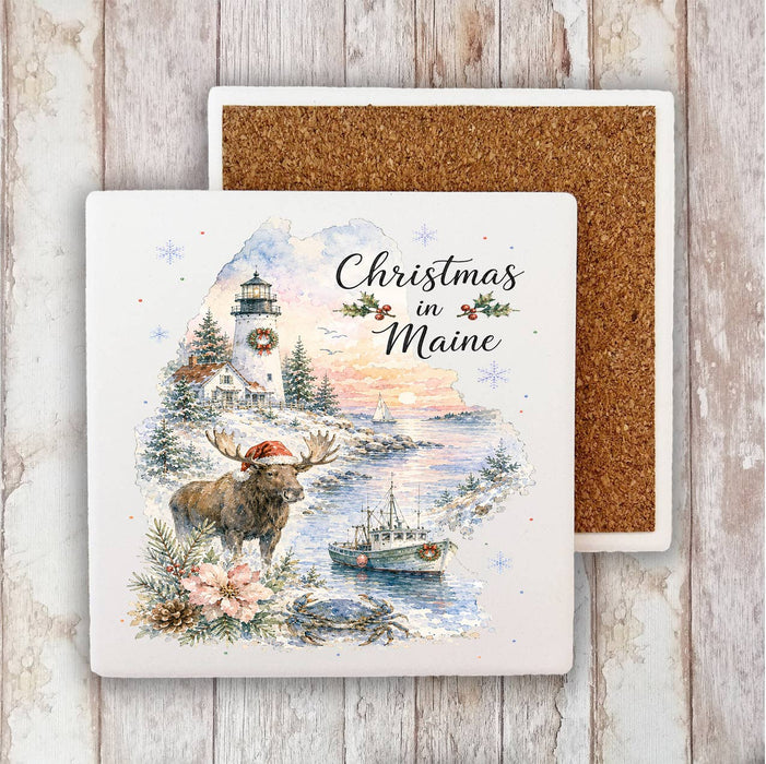 Christmas in Maine State Map Stone Coaster