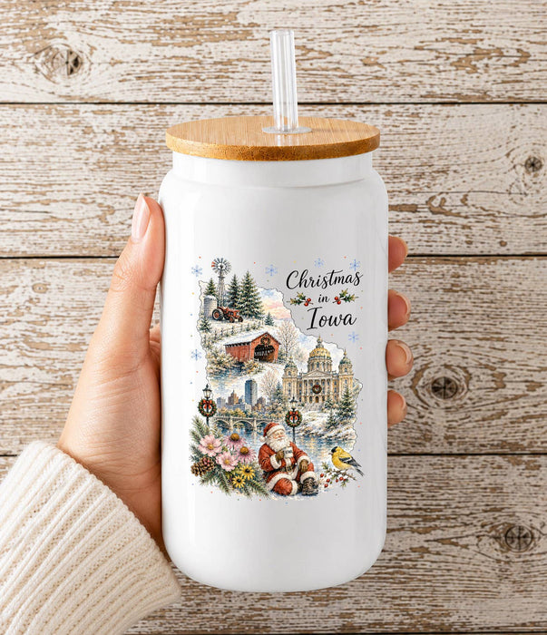 Christmas in Iowa State Map Glass Cup