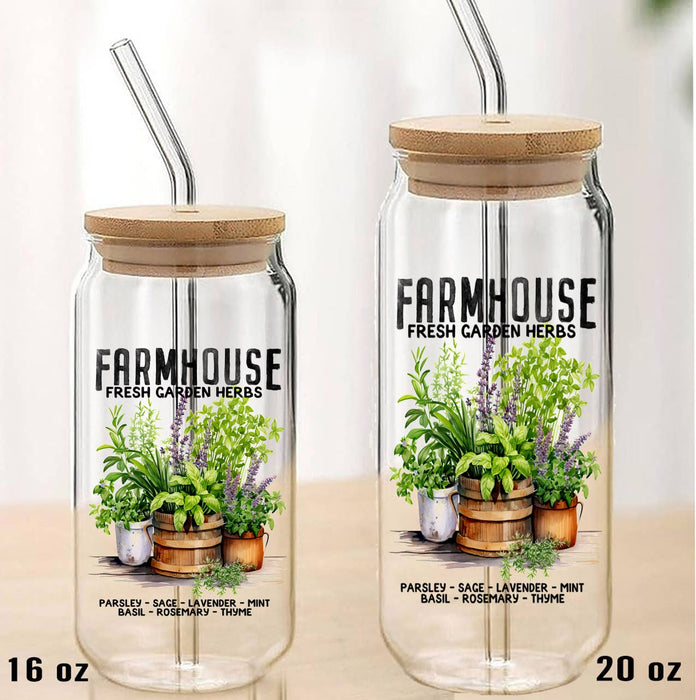 Farmhouse Fresh Herbs Basil, Thyme Can Glass with Lid Straw