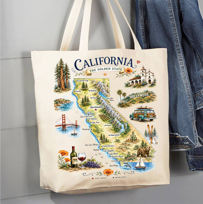 California State Map Landmark Canvas Tote Bag