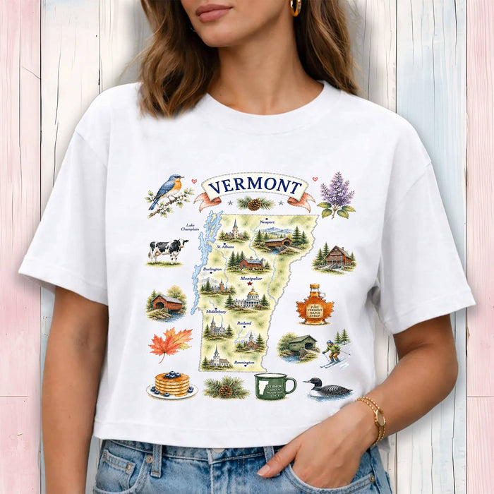 Vermont State Map Landmark Cropped T-Shirt