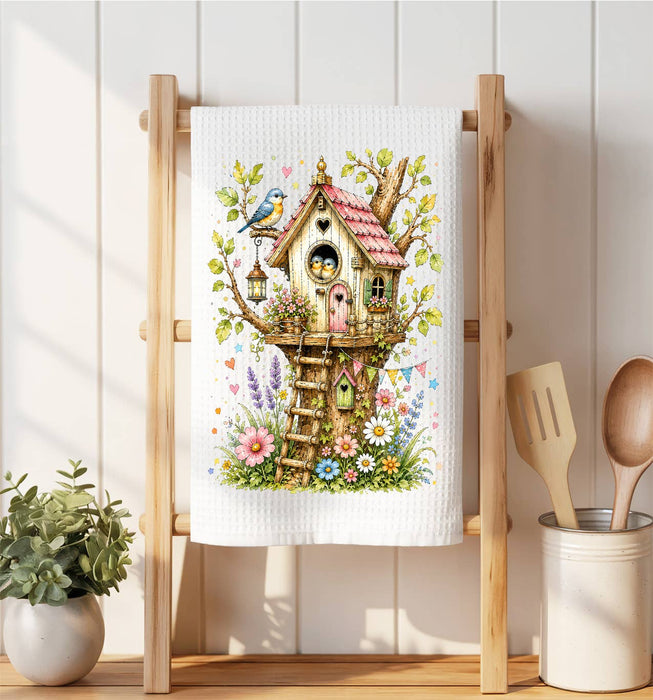 Spring Birds in Birdhouse Flowers Waffle Weave Towel