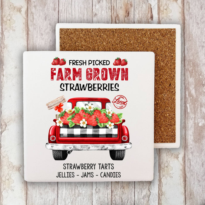 Country Farm Fresh Strawberries Red Truck Stone Coaster