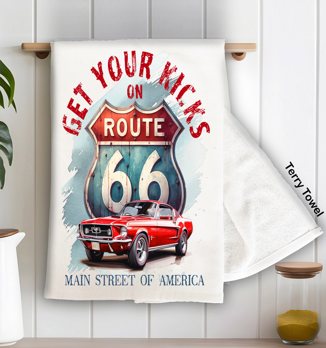 Route 66 Get your Kicks Mustang  Kitchen Terry Towel