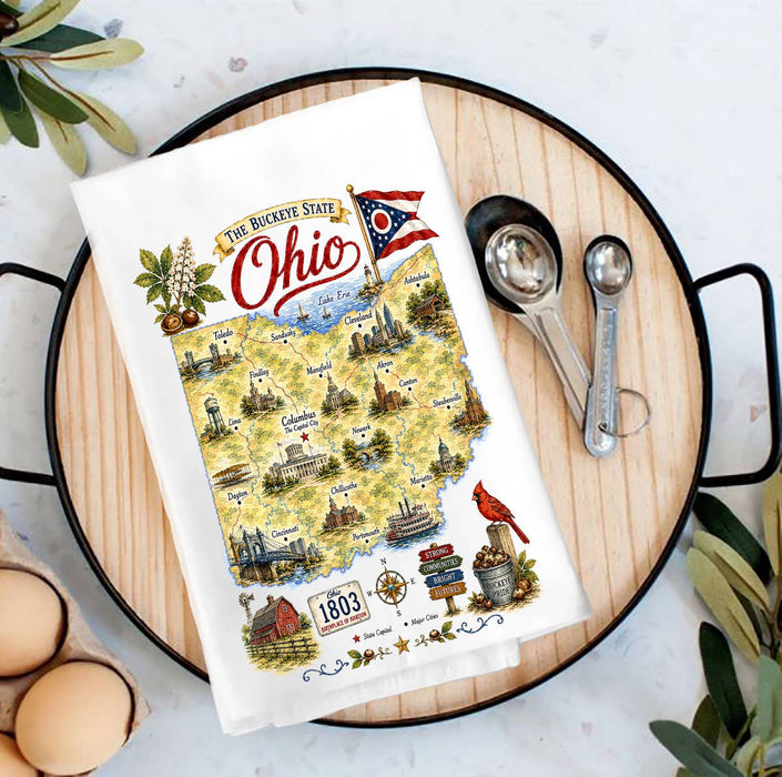 Ohio State Map Landmark Tea Towel