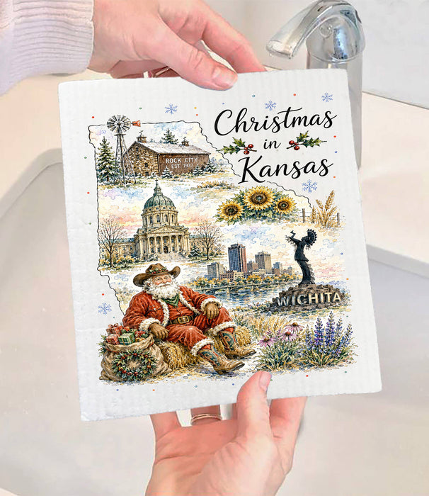 Christmas in Kansas State Map Swedish Dishcloth