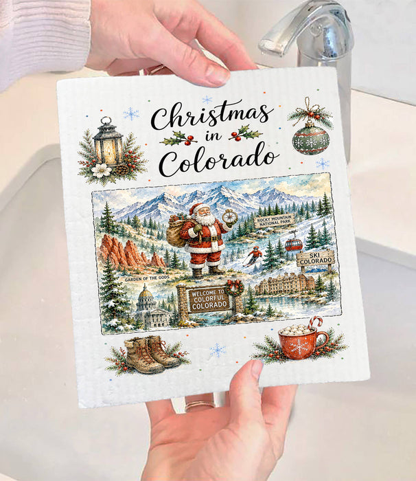Christmas in Colorado State Map Swedish Dishcloth