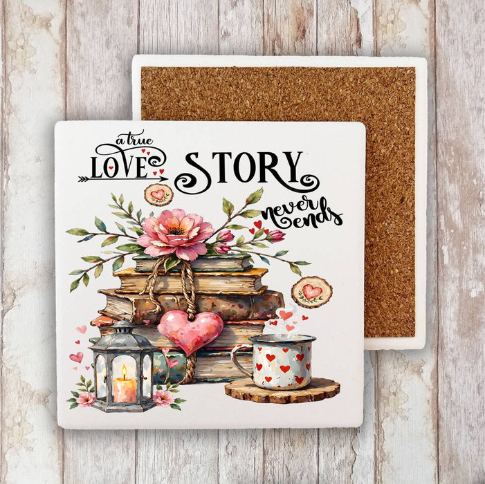 Love Story Never Ends Heart Stone Coaster