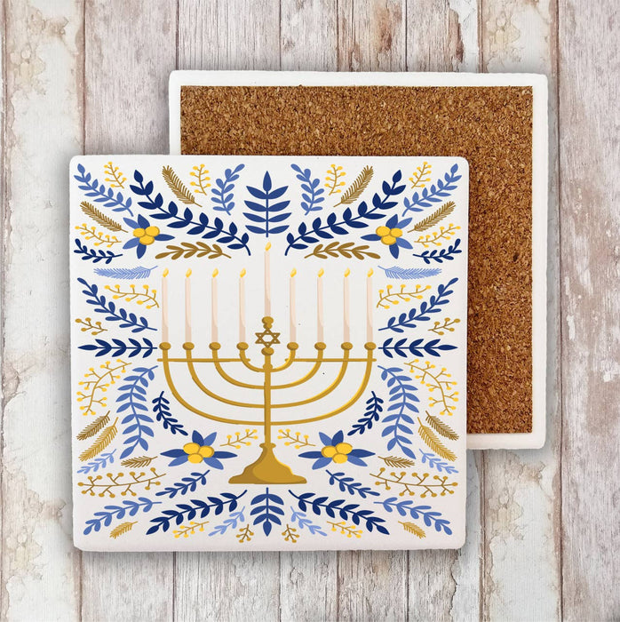 Hanukkah Menorah Flowers Stone Coaster