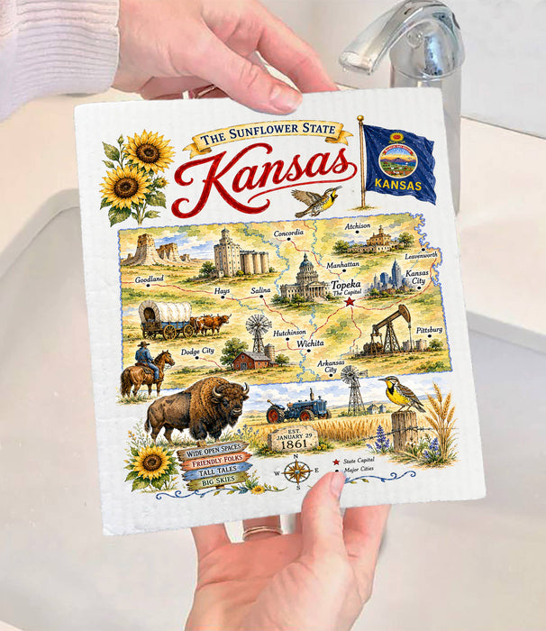 Kansas State Map Landmark Swedish Dishcloth