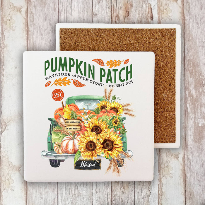 Autumn Fall Pumpkin Patch Green Truck Stone Coaster