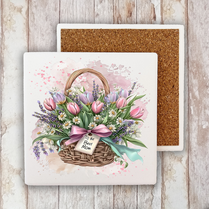 Mother's Day Basket Tulips Flowers Stone Coaster