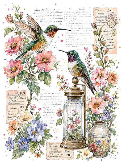 Vintage Flowers Hummingbirds