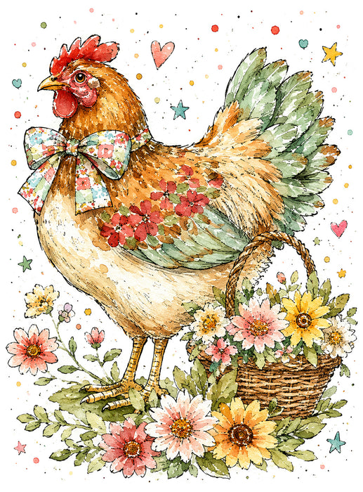 Watercolor Country Hen Flowers