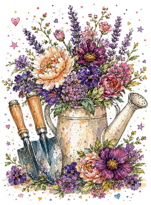 Watercolor Flower Watering Can Garden