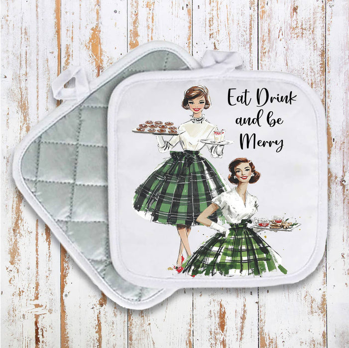 Retro Christmas Ladies Eat and be Merry Pot Holder
