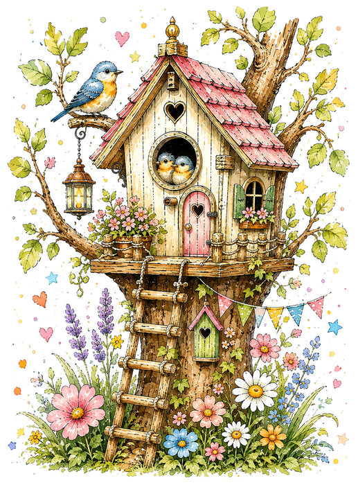 Spring Birds in Birdhouse Flowers