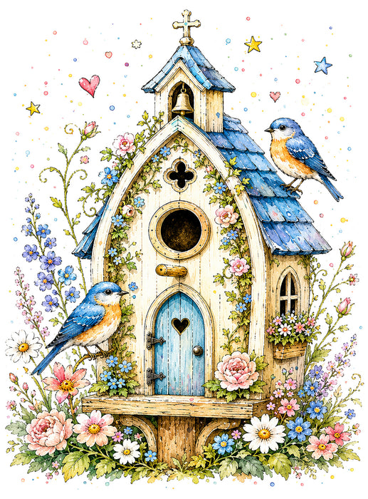 Watercolor Birdhouse Blue Flowers