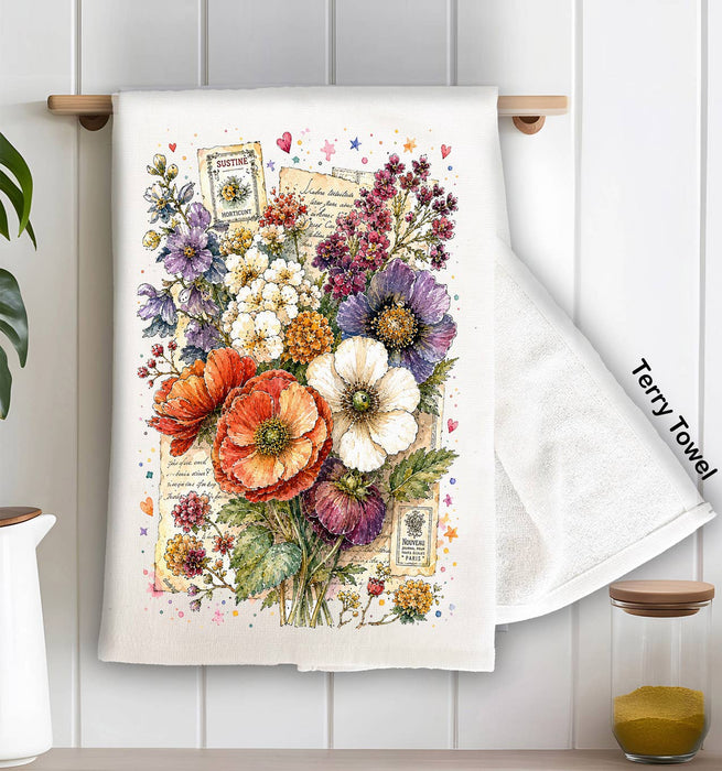 Vintage Watercolor Flowers Kitchen Terry Towel