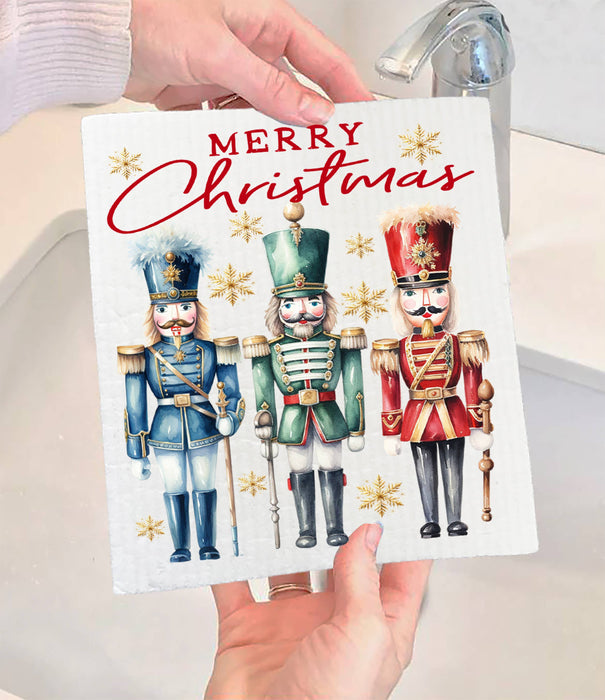 Merry Christmas Holiday Nutcrackers Swedish Dishcloth