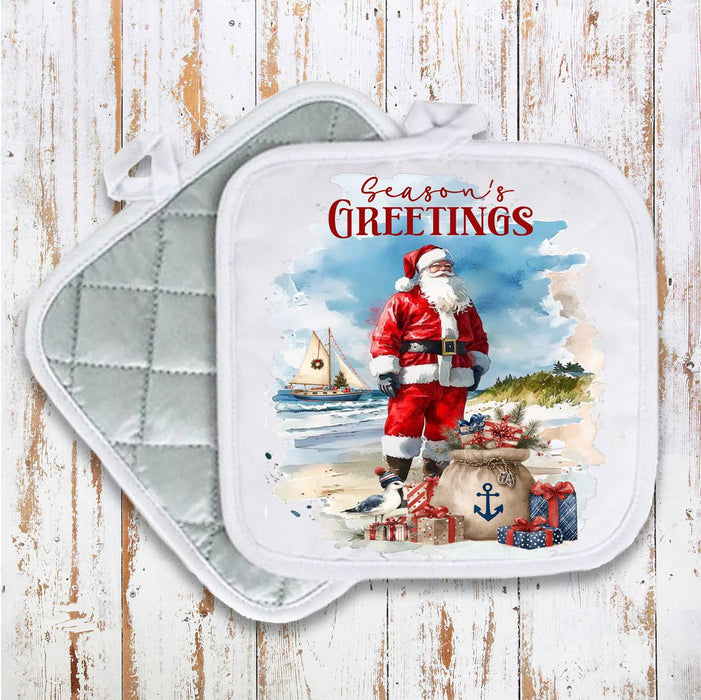 Coastal Christmas Santa on beach Pot Holder