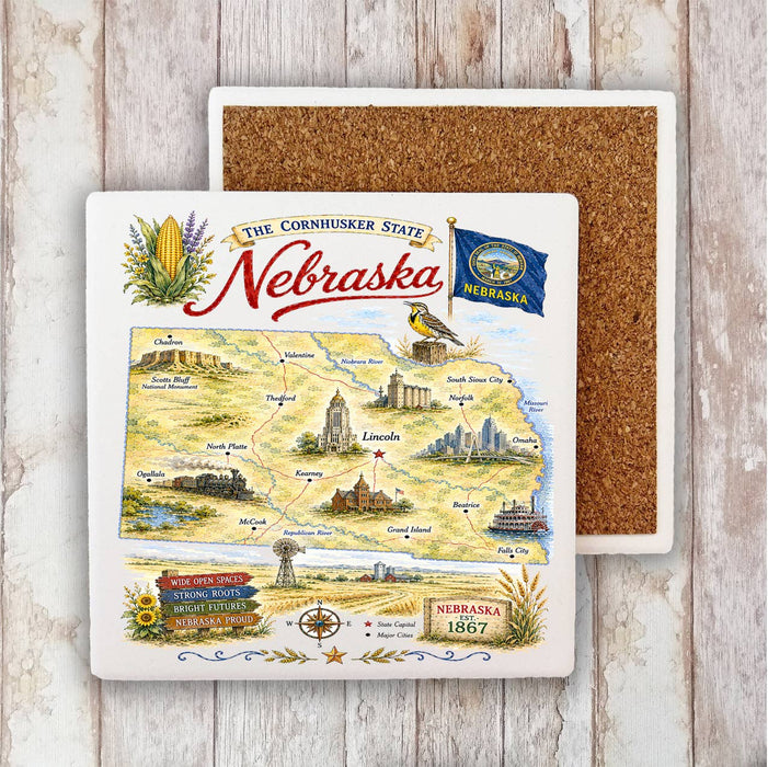 Nebraska State Map Landmark Stone Coaster