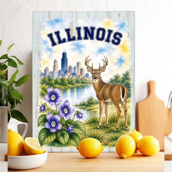 Illinois State Bird and Animal Glass Cutting Board