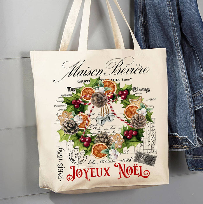 Joyeux Noel Christmas Wreath Canvas Tote Bag