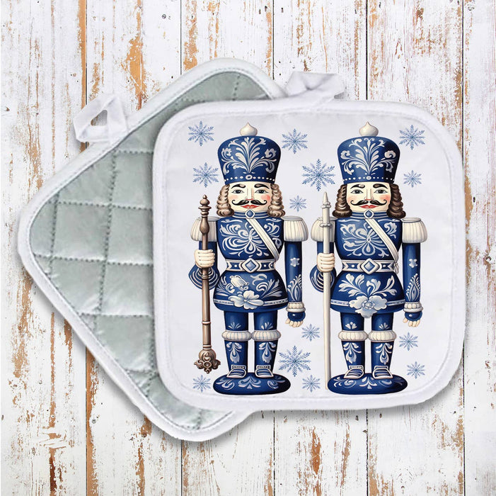 Christmas Nutcrackers Blue & White Pot Holder Oven Mitt
