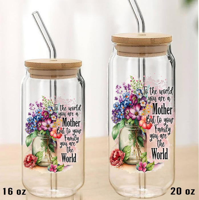 Mother's Day Mother is Our World Can Glass with Lid Straw
