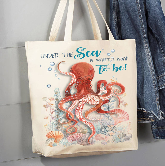 Under the Sea Octopus Coastal Canvas Tote Bag