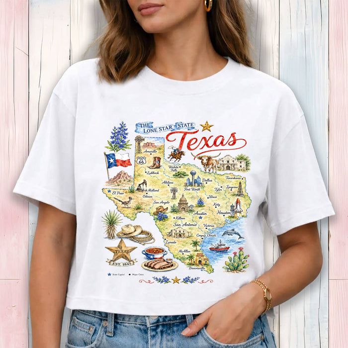 Texas State Map Landmark Cropped T-Shirt