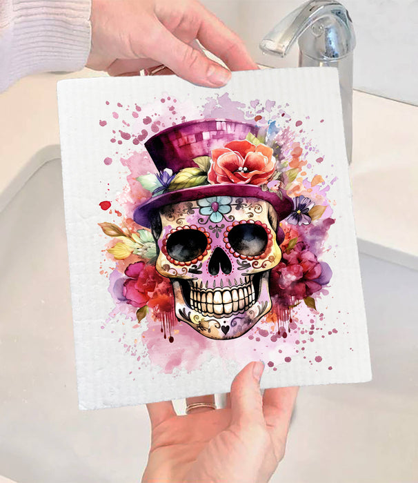 Day of the Dead Sugar Skull Top Hat Swedish Dishcloth