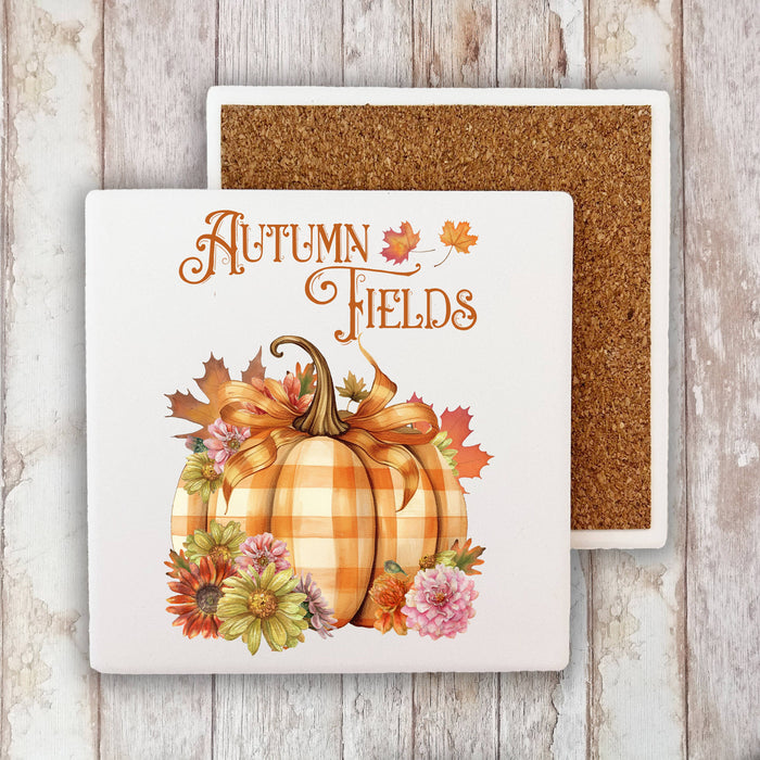 Autumn Harvest Checkered Pumpkins Stone Coaster
