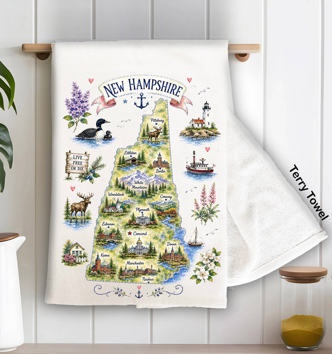 New Hampshire State Map Landmark Kitchen Terry Towel