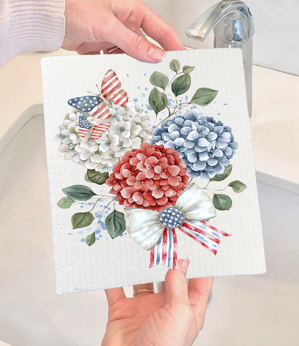 Patriotic Hydrangea Butterfly Swedish Dishcloth