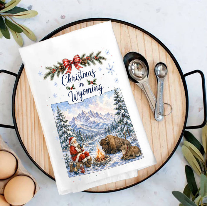 Christmas in Wyoming State Map Tea Towel