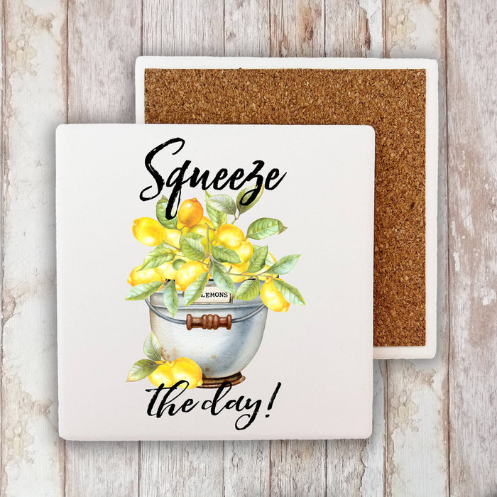 Squeeze the Day Bucket of Lemons Stone Coaster