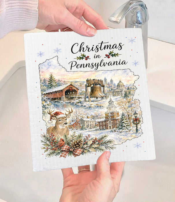 Christmas in Pennsylvania State Map Swedish Dishcloth