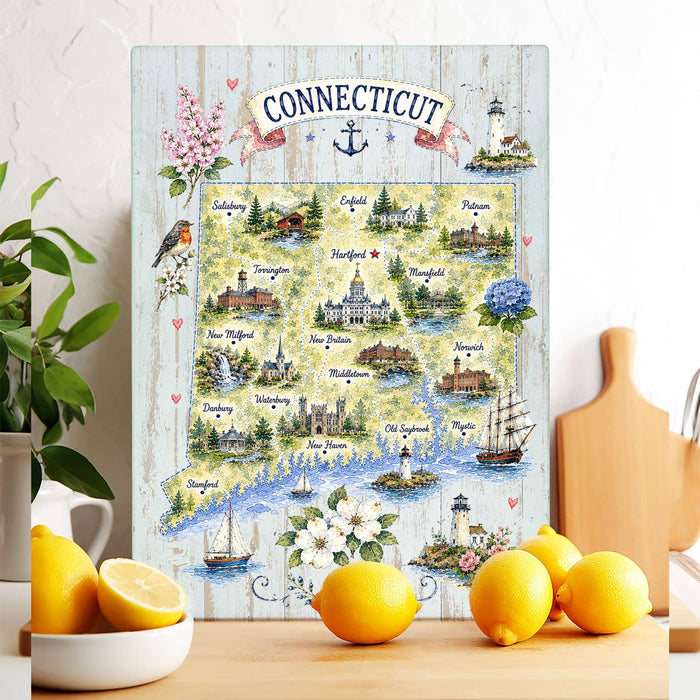Connecticut State Map Landmark Glass Cutting Board